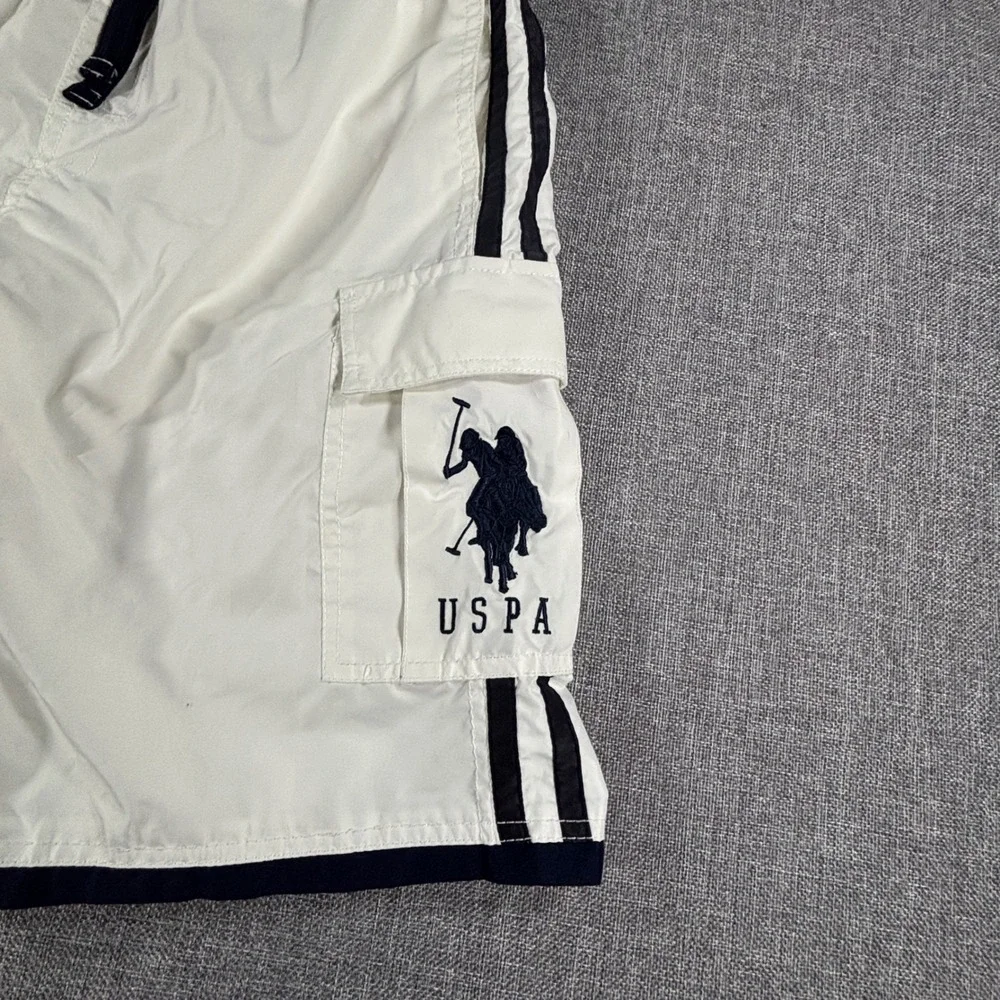 U.S. Polo Assn. Mens Cargo Swim Trunks Small White Navy Y2K Preppy Board Shorts